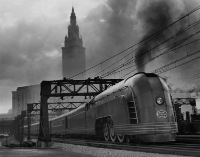 A New York Central Mercury train is dwarfed by Cleveland’s Union Station, November 1936