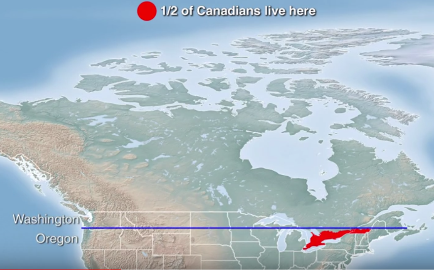 Карту половина. Где живут половина канадцев. Где живут 50 процентов канадцев. 50 Процентов канадцев живут ниже красной линии. В Канаде живут южнее линии.