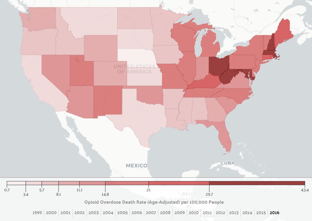 US age Adjusted drug overdose rate per 100000 people