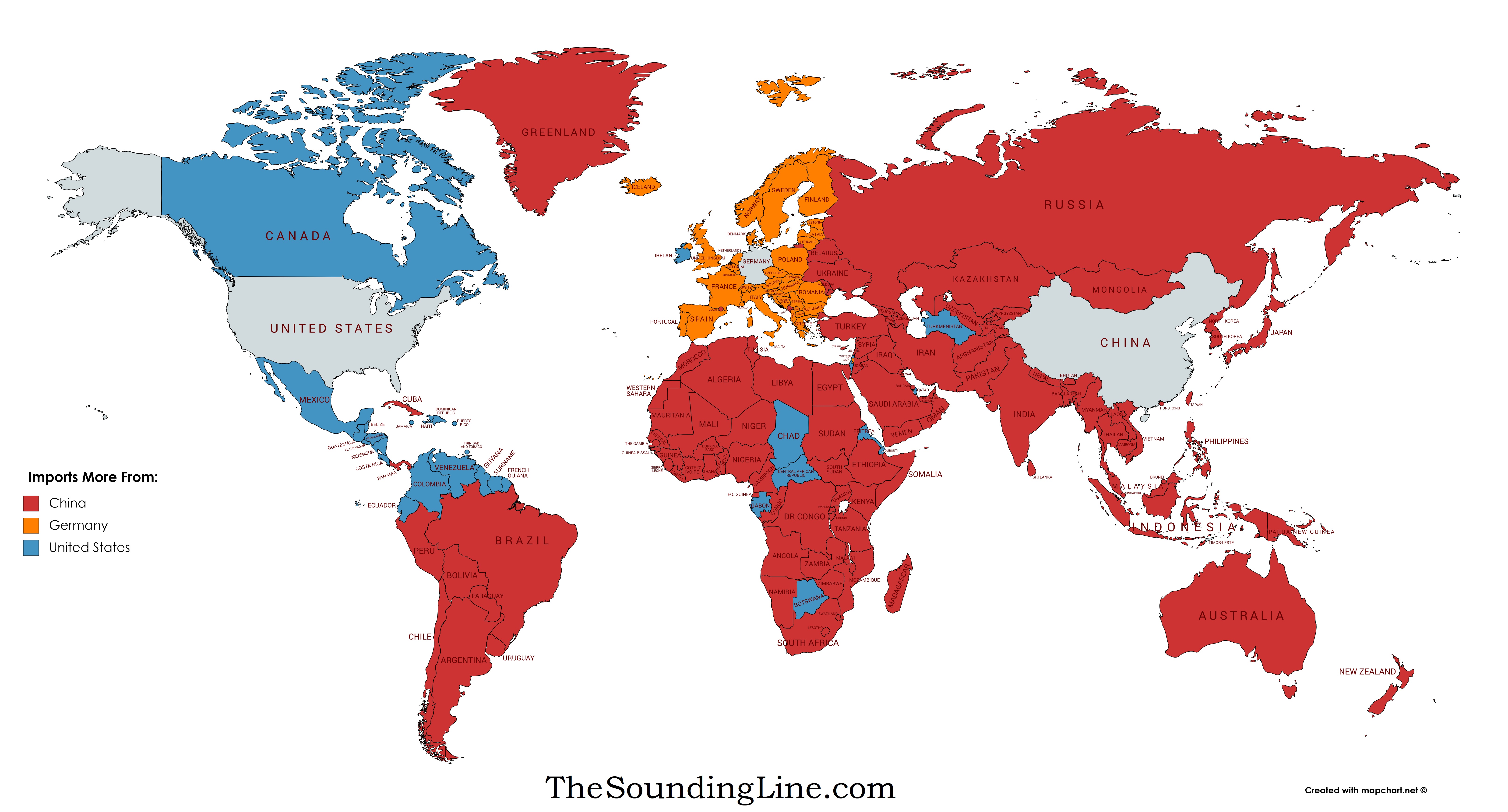 Us And China Map Map: Whether Every Country Imports More from China, the US, or 