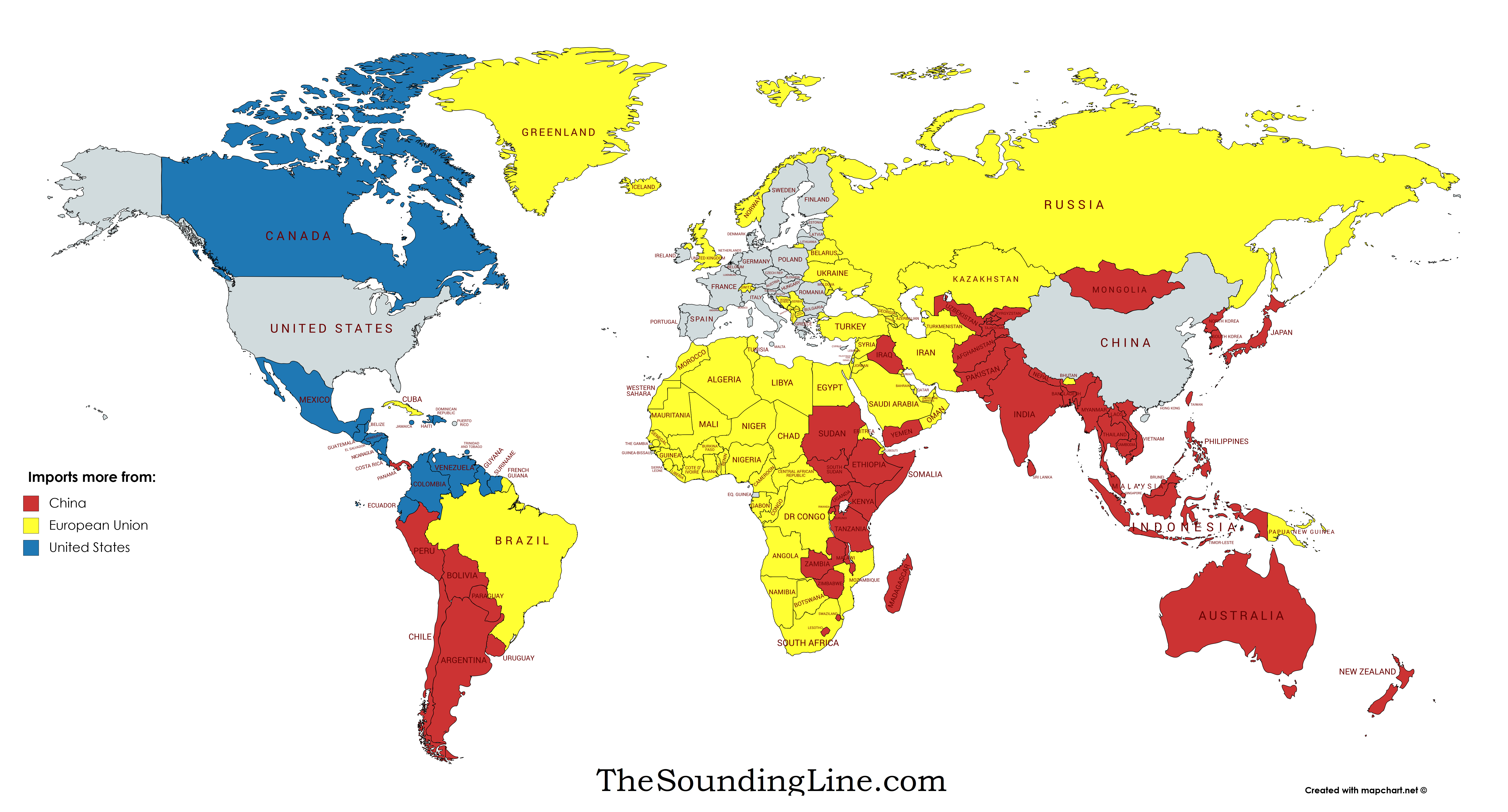 Map Of Us And China Map: Whether Every Country Imports More from China, the EU, or the 